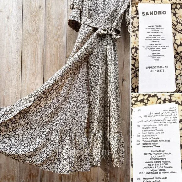 Sandro Enrika Floral Midi Dress Size 38 FR US Size 6 Beige Silk Wrap Dress - Picture 11 of 17